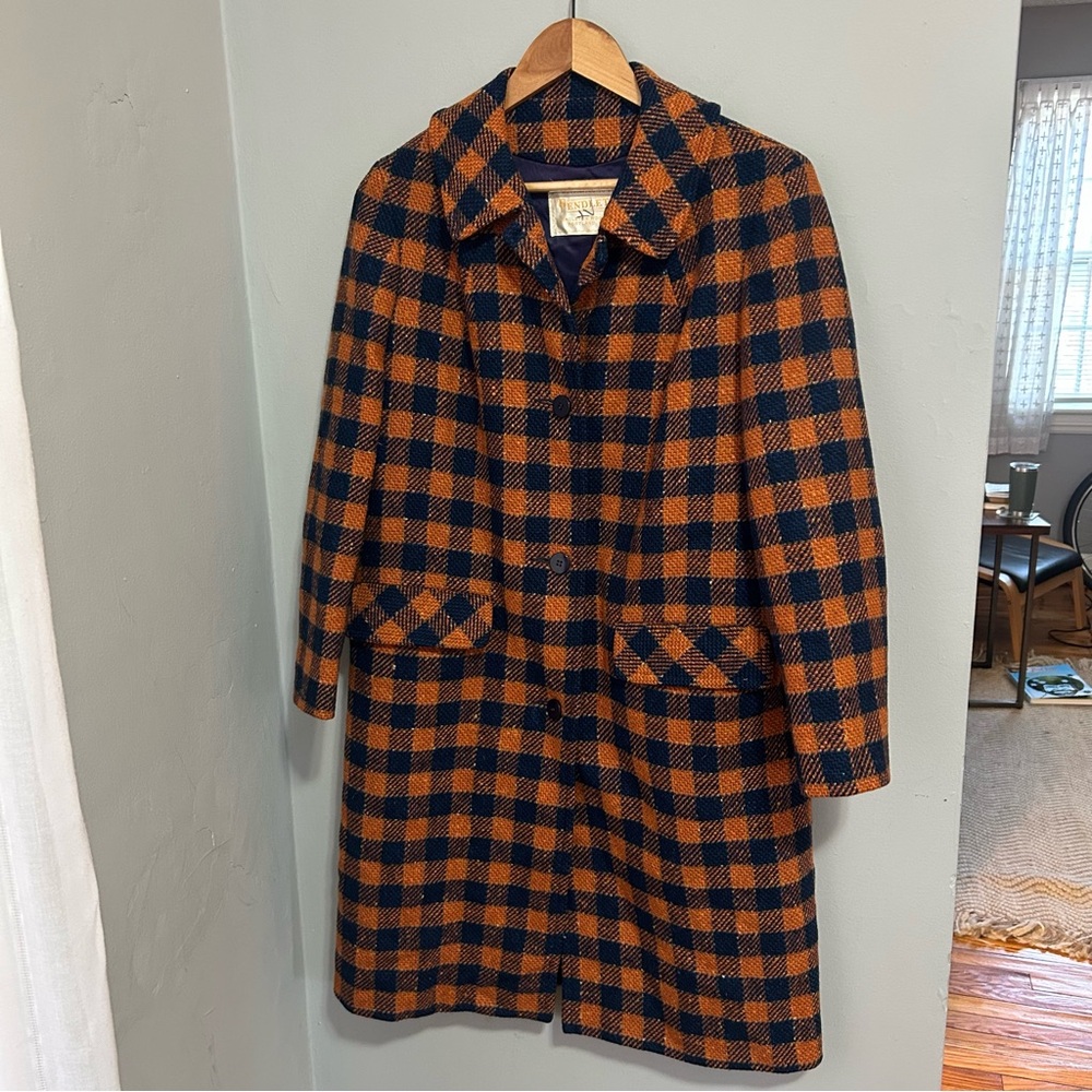Vintage Pendleton Wool Coat Checkered Orange and Navy size M